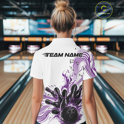 Back view of a female model in a white and purple bowling quarter-zip shirt featuring bowling strike graphics and music note details.