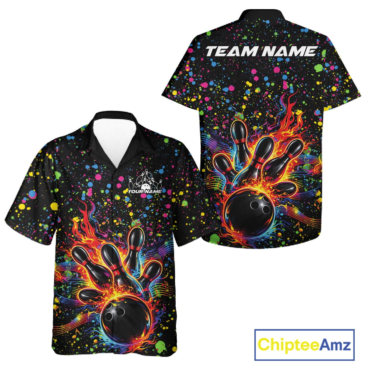 Front and back views of a black button-up bowling shirt featuring colorful paint splatter artwork surrounding a flaming bowling strike scene.