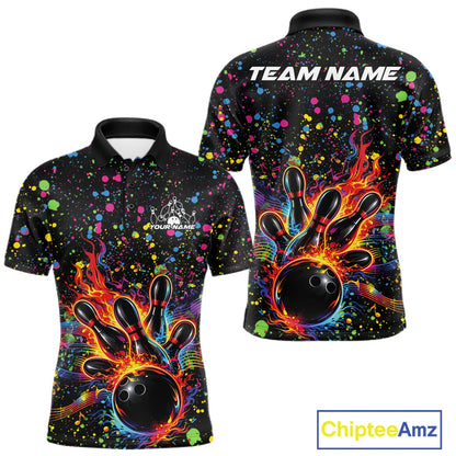 Front and back views of a black mens bowling polo shirt showcasing a flaming bowling ball striking pins with colorful paint splatter graphics.