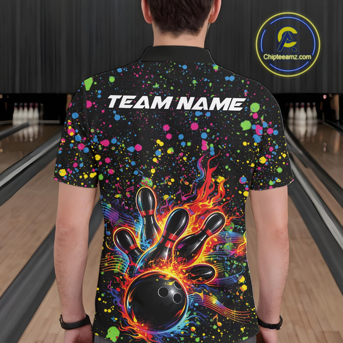 Back view of a male model in a black bowling polo shirt featuring colorful music-themed bowling graphics.