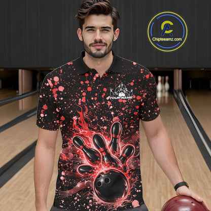 Male model wearing a black bowling polo shirt at the bowling lane with red splatter accents and bowling strike graphics.