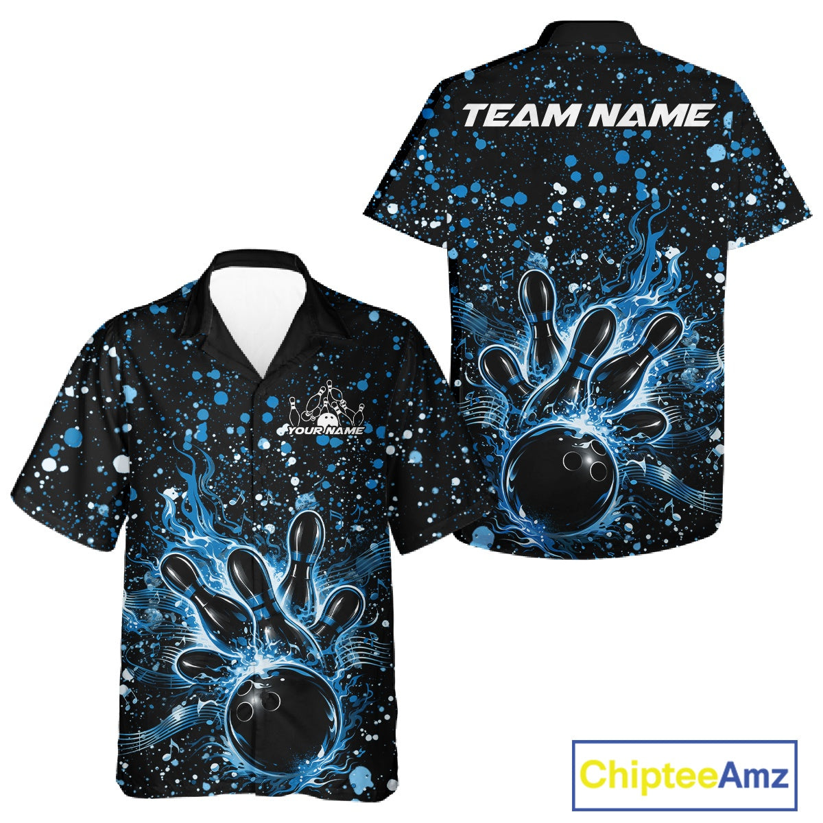 Front and back views of a black button-up bowling shirt featuring a flaming bowling strike design with blue paint splatter music-inspired artwork.