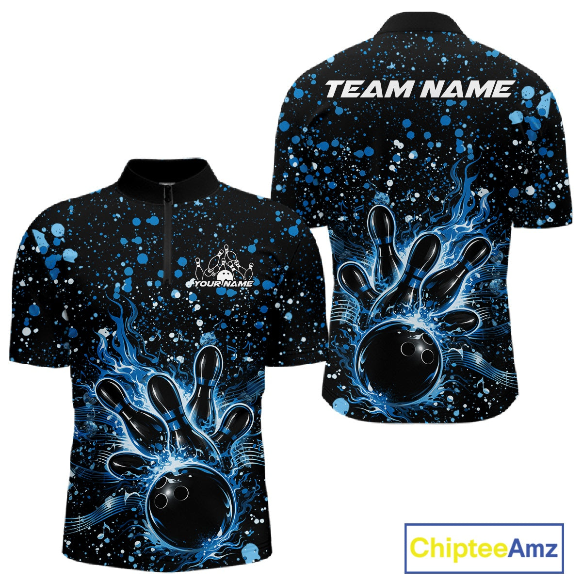 Front and back views of a black mens bowling quarter-zip shirt showcasing a flaming bowling ball striking pins with blue paint splatter graphics.
