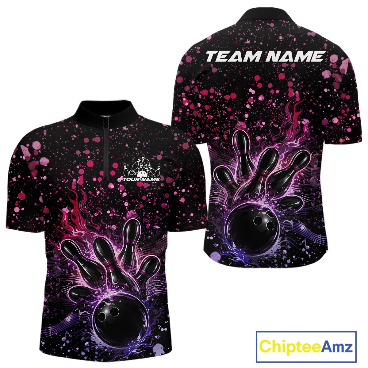 Front and back views of a black mens bowling quarter-zip shirt featuring a flaming bowling ball, pink and purple paint splatter accents, and music-inspired graphics.