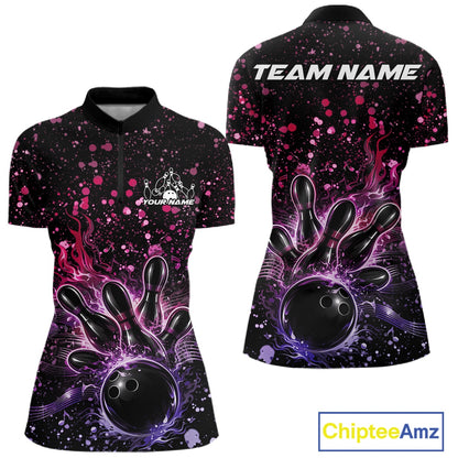 Front and back views of a black womens bowling quarter-zip shirt featuring a flaming bowling ball, pins, and pink and purple paint splatter music graphics.