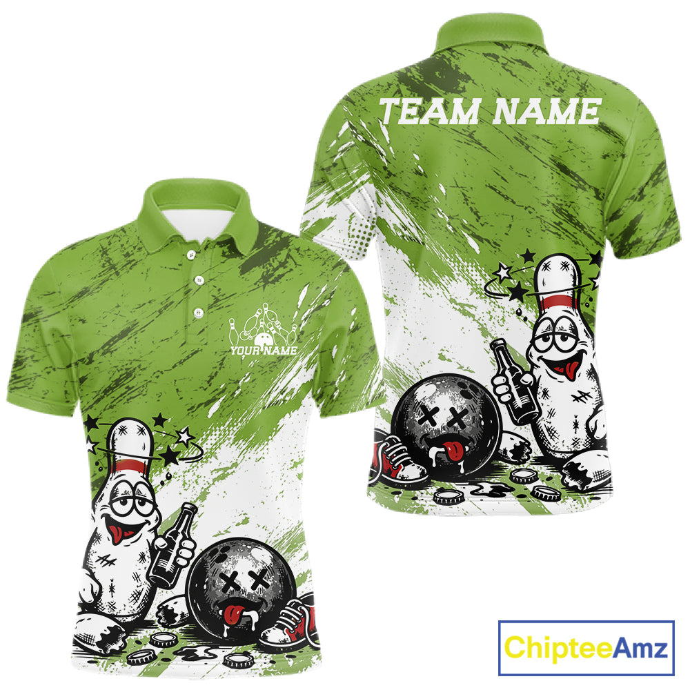 Olive green and white personalized bowling polo shirt featuring funny drunk bowling pin and ball cartoon character