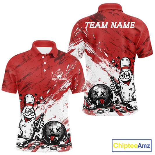 Vibrant red customized bowling polo shirt with funny drunk cartoon pin and ball graphic design
