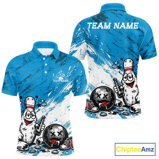Sky blue custom bowling jersey with funny cartoon bowling ball, pin and beer graphic print