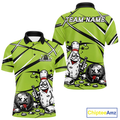 Lime Green polo shirt with funny drunk bowling ball and pins cartoon design