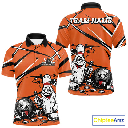 Orange polo shirt with funny drunk bowling ball and pins cartoon design