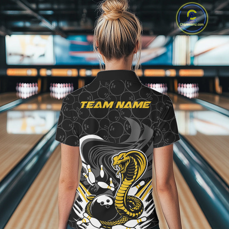 Custom Black And Yellow Cobra Snake Bowling Women Polo Shirts, Cobra Bowling Team Shirt IPHW9699