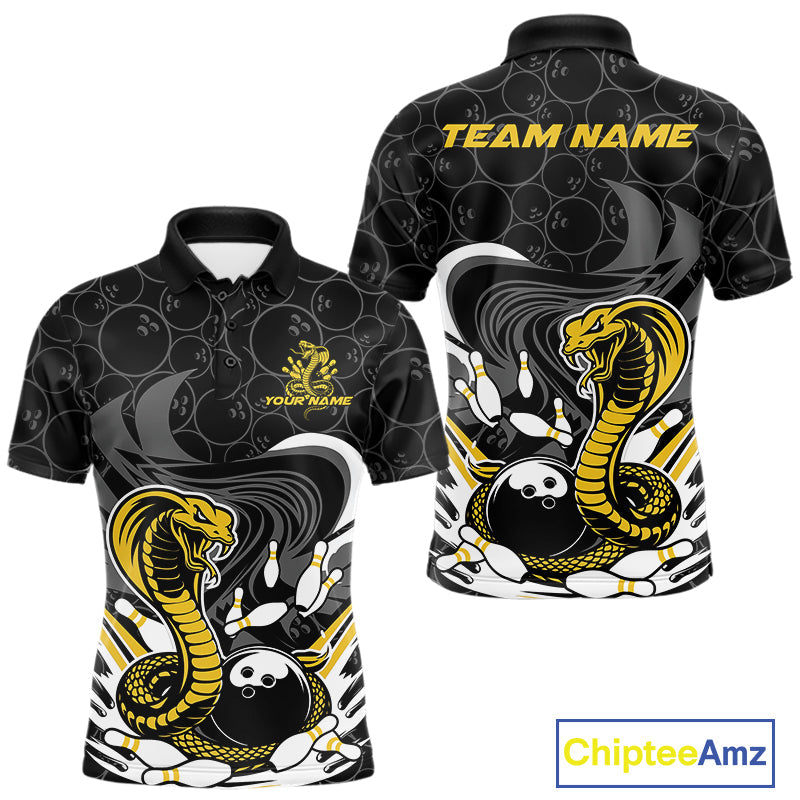 Custom Black And Yellow Cobra Snake Bowling Polo Shirts For Men, Cobra Bowling Team Shirt IPHW9699