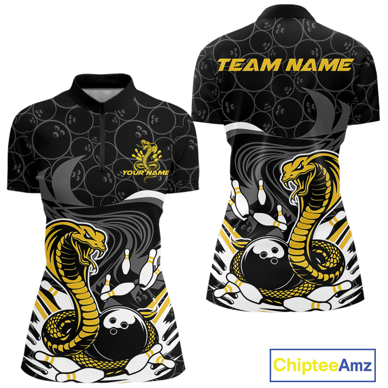 Custom Black And Yellow Cobra Snake Bowling Women Quarter-Zip Shirts, Bowling Team Shirt IPHW9699