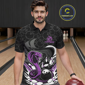 Custom Black And Purple Cobra Snake Bowling Polo Shirts For Men, Cobra Bowling Team Shirt IPHW9700