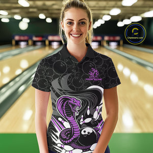 Custom Black And Purple Cobra Snake Bowling Women Polo Shirts, Cobra Bowling Team Shirt IPHW9700