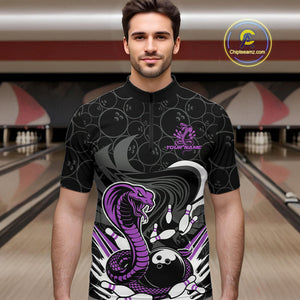 Custom Black And Purple Cobra Snake Bowling Quarter-Zip Shirts For Men, Cobra Bowling Team Shirt IPHW9700
