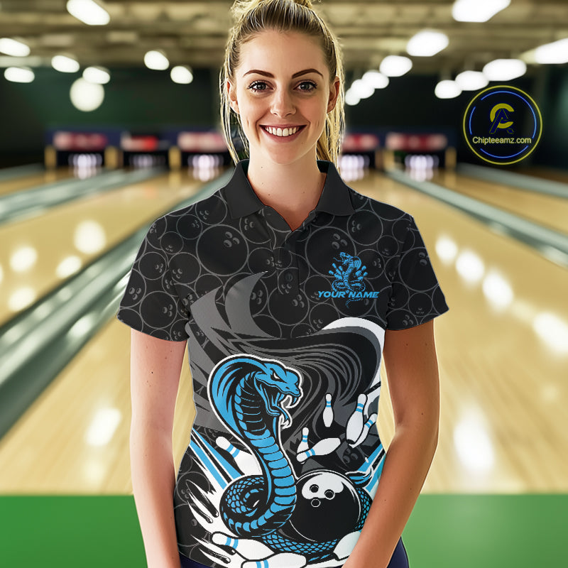 Custom Black And Blue Cobra Snake Bowling Polo Shirts For Women, Cobra Bowling Team Shirt IPHW9702