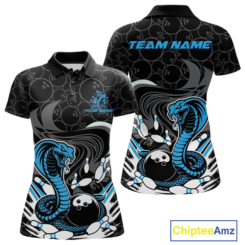 Custom Black And Blue Cobra Snake Bowling Polo Shirts For Women, Cobra Bowling Team Shirt IPHW9702
