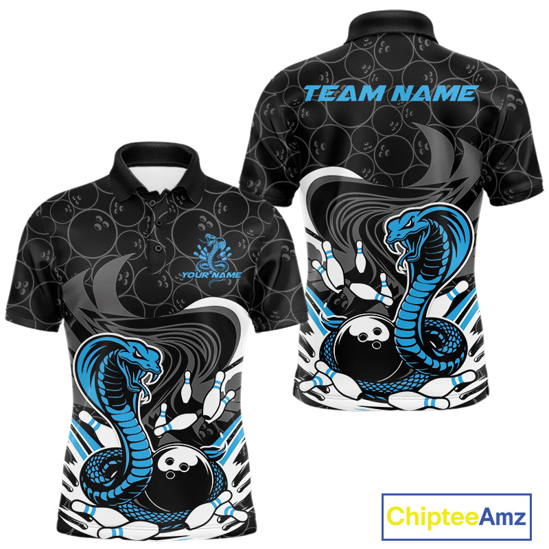 Custom Black And Blue Cobra Snake Bowling Polo Shirts For Men, Cobra Bowling Team Shirt IPHW9702