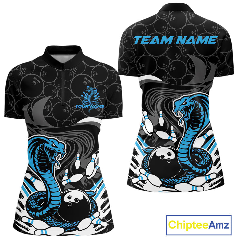 Custom Black And Blue Cobra Snake Bowling Women Quarter-Zip Shirts, Bowling Team Shirt IPHW9702