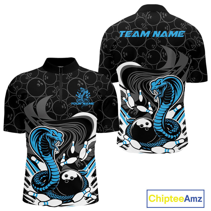 Custom Black And Blue Cobra Snake Bowling Quarter-Zip Shirts For Men, Cobra Bowling Team Shirt IPHW9702