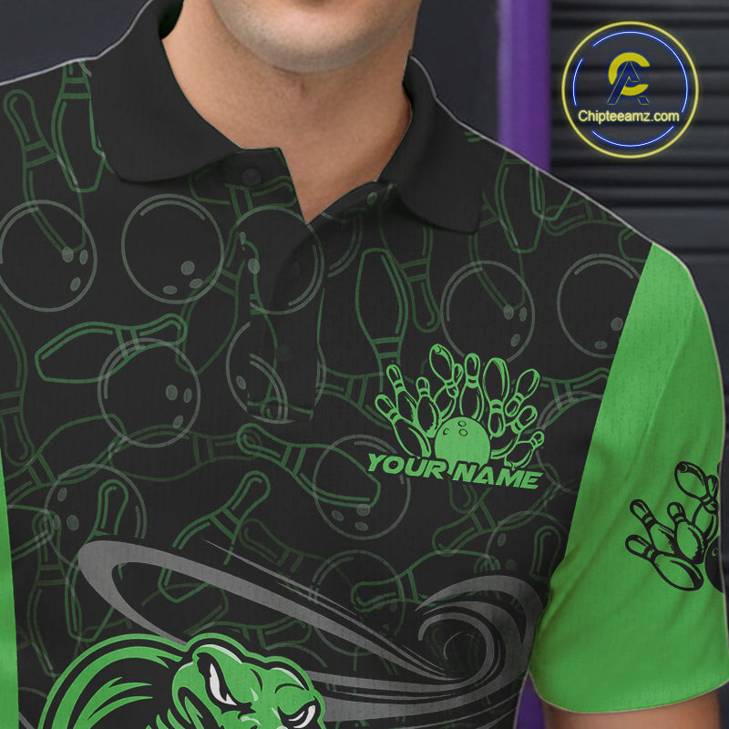 Custom Green Cobra Snake Bowling Team Men Polo Shirts, Bowling Pattern Shirt IPHW9704