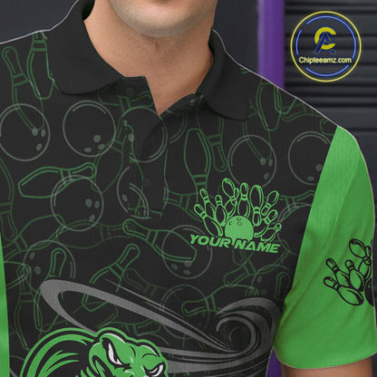 Custom Green Cobra Snake Bowling Team Men Polo Shirts, Bowling Pattern Shirt IPHW9704