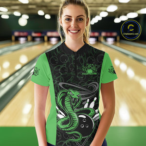 Custom Green Cobra Snake Bowling Team Women Quarter-Zip Shirts, Bowling Pattern Shirt IPHW9704