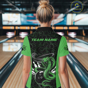 Custom Green Cobra Snake Bowling Team Women Quarter-Zip Shirts, Bowling Pattern Shirt IPHW9704