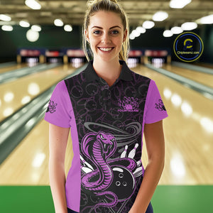 Custom Purple Cobra Snake Bowling Team Women Polo Shirts, Bowling Pattern Shirt IPHW9705
