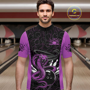 Custom Purple Cobra Snake Bowling Team Men Quarter-Zip Shirts, Bowling Pattern Shirt IPHW9705