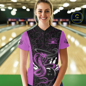 Custom Purple Cobra Snake Bowling Team Women Quarter-Zip Shirts, Bowling Pattern Shirt IPHW9705