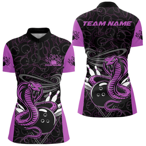 Custom Purple Cobra Snake Bowling Team Women Quarter-Zip Shirts, Bowling Pattern Shirt IPHW9705