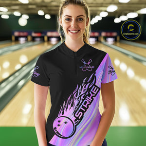 Custom Hologram Flame Strike Bowling Women Quarter-Zip Shirt, Bowling Team Bowler Outfit IPHW9858