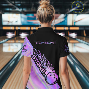 Custom Hologram Flame Strike Bowling Women Quarter-Zip Shirt, Bowling Team Bowler Outfit IPHW9858