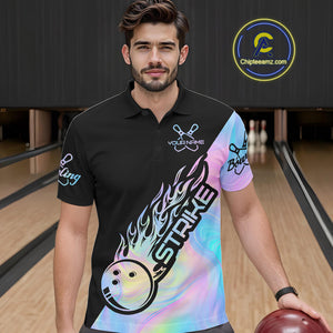 Custom Hologram Flame Strike Bowling Polo Shirts For Men, Bowling Team Bowler Outfit IPHW9859