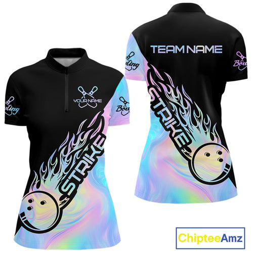 Custom Hologram Flame Strike Bowling Women Quarter-Zip Shirt, Bowling Team Bowler Outfit IPHW9859