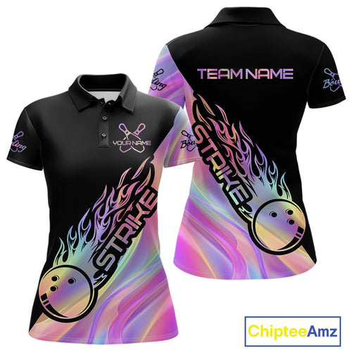 Custom Hologram Flame Strike Bowling Polo Shirts For Women, Bowling Team Bowler Outfit IPHW9861