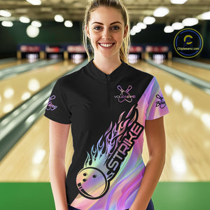 Custom Hologram Flame Strike Bowling Women Quarter-Zip Shirt, Bowling Team Bowler Outfit IPHW9861
