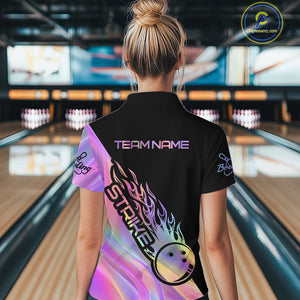 Custom Hologram Flame Strike Bowling Women Quarter-Zip Shirt, Bowling Team Bowler Outfit IPHW9861