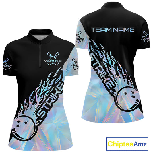 Custom Hologram Flame Strike Bowling Women Quarter-Zip Shirt, Icy Crystal Bowling Shirt IPHW9862