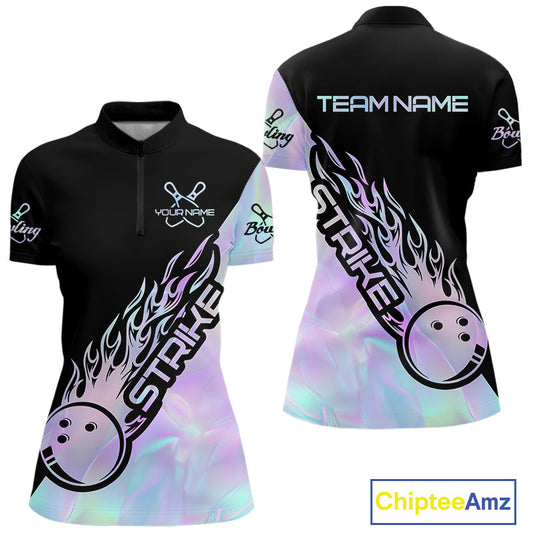 Custom Hologram Flame Strike Bowling Women Quarter-Zip Shirt, Icy Crystal Bowling Shirt IPHW9863