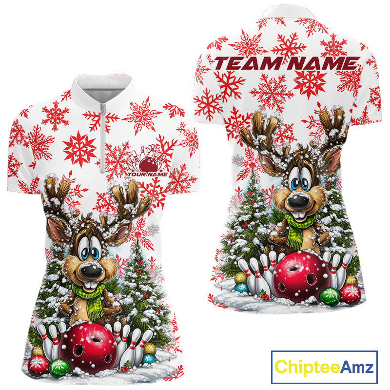 Custom Cute Funny Reindeer Christmas Bowling Women Quarter-Zip Shirt, Xmas Bowling Shirt IPHW10113