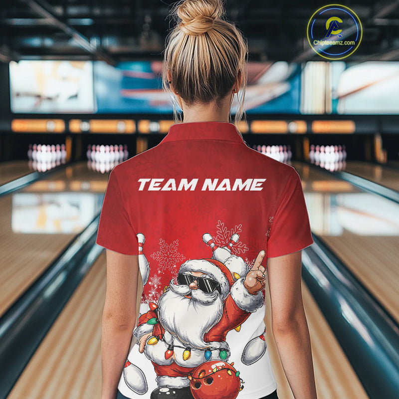 Custom Funny Santa Claus Christmas Bowling Women Polo Shirts, Xmas Team Bowling Outfit IPHW10116
