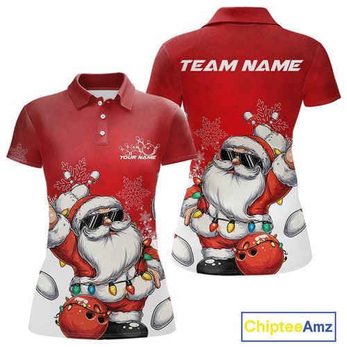 Custom Funny Santa Claus Christmas Bowling Women Polo Shirts, Xmas Team Bowling Outfit IPHW10116