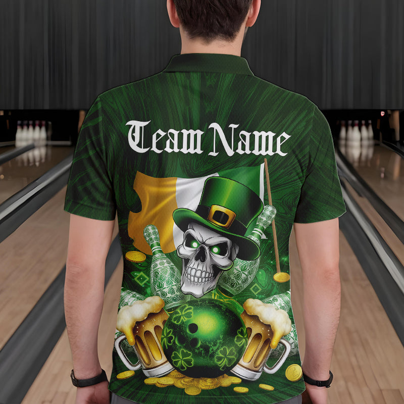 Custom Irish Flag St Patricks Day Bowling Polo Team Shirts For Men, Skull Leprechaun Bowling IPHW8594