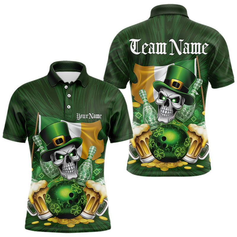 Custom Irish Flag St Patricks Day Bowling Polo Team Shirts For Men, Skull Leprechaun Bowling IPHW8594