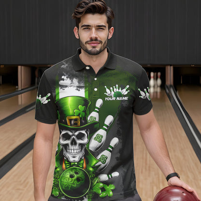 Custom Black And Green Lucky Clover St Patricks Day Skull Bowling Team Polo Shirts For Men IPHW8597
