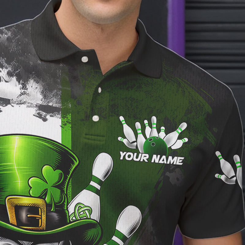 Custom Black And Green Lucky Clover St Patricks Day Skull Bowling Team Polo Shirts For Men IPHW8597