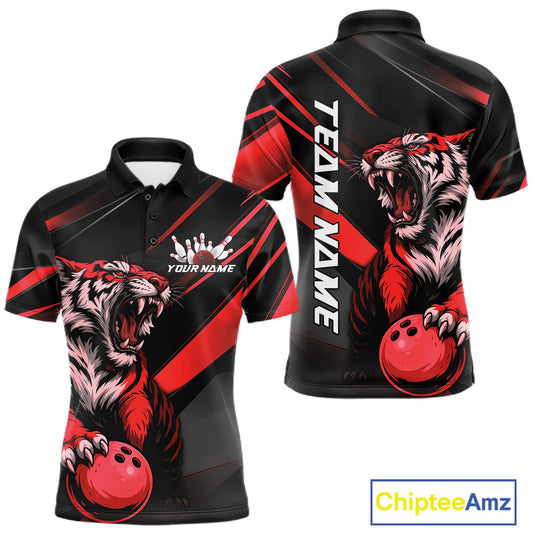 Custom Black And Red Tiger Bowling Team Men Shirt, Bowling League Shirt Bowler Uniform IPHW10775